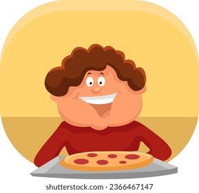 Boy eating pizza, illustration, vector on a white background.