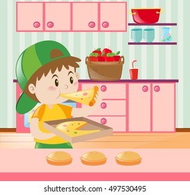 Boy eating pizza in kitchen illustration