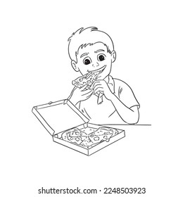 boy eating pizza line art vector