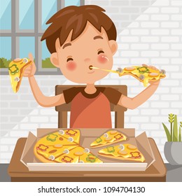 Boy eating pizza. sitting at the table  eating luncheon. Delicious food in Pizza box. at home in the dining room. cute little boy cartoon In red shirt. emotional on child's face feels good very happy.