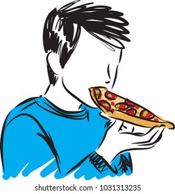 boy eating pizza vector illustration
