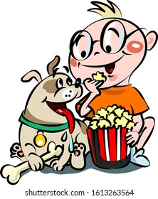 Boy Eating Popcorn With Dog