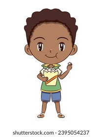 Boy eating popcorn, happy cute child