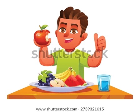 Boy eating a red apple and giving thumbs up with fruit plate on table. Vector cartoon illustration
