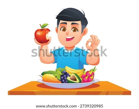 Boy eating a red apple and showing ok sign with plate of tropical fruits. Vector cartoon illustration