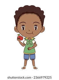 Boy eating red apple, touching his stomach, vector illustration
