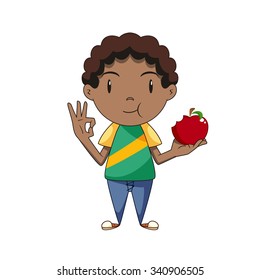 Boy eating red apple, vector illustration svg