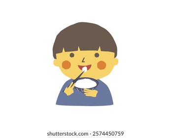 A boy is eating rice.