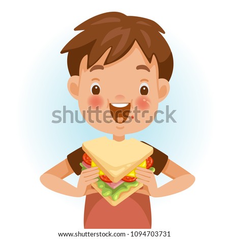 Boy eating sandwich. Emotional mood on the child's face feels good. Delicious and very happy. Good sandwich bites. Cute cartoon in red shirt. Vector illustrations isolated on white background. 