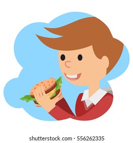 Boy eating sandwich. Vector illustration on theme fast food.