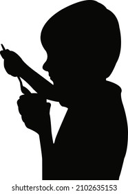 a boy eating, silhouette  vector