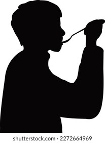 a boy eating, silhouette  vector