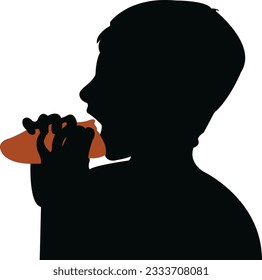 a boy eating, silhouette  vector