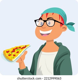 Boy eating a slice of pizza.