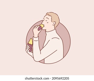 boy eating a sweet potato. Hand drawn style vector design illustrations.