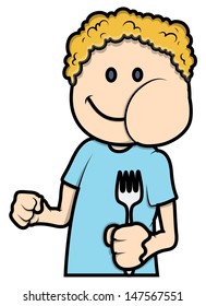Boy Eating - Vector Cartoon Illustration