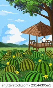 Boy eating watermelon in the hut shelter in the watermelon field. Fruit farm of country background with beautiful blue sky. Korean summer landscape. Hand drawn style Flat design vector illustration.