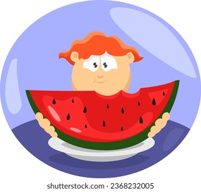 Boy eating watermelon, illustration, vector on a white background.