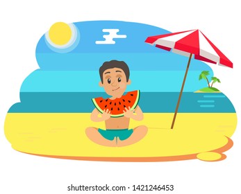 Boy eating watermelon on beach, teenager with full cheeks holding slice of summer fruit, sitting teenager in blue shorts, parasol and islands vector