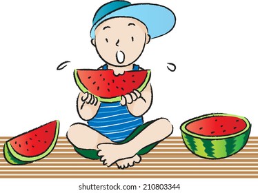 Boy eating watermelon in the summer