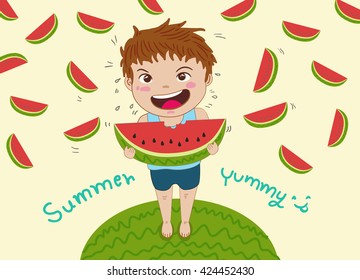 boy eating watermelon vector illustration