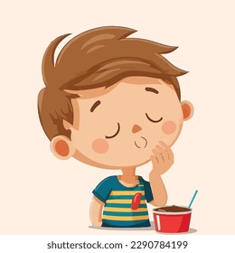 El niño come helado de chocolate. Niño al estilo de las caricaturas. Ilustración plana del vector