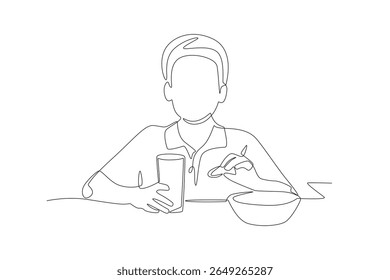 Boy eats cookies and drinks milk. Kids eating snacks concept one-line drawing
