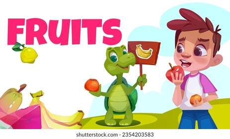 El chico come una pancarta de fruta. Afiche horizontal de estilo isométrico con niño y tortuga sonriente, bananas y manzanas, pera y naranja. Estilo de vida saludable y concepto de alimentación. Dibujo vectorial plano de dibujos animados