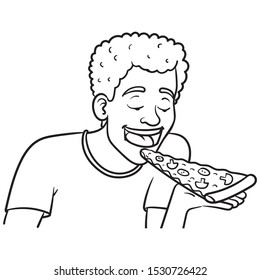 boy eats a piece of pizza. poc, curly hair, hunger, comic, outline, joy.