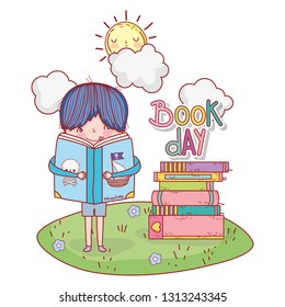 boy with education books and clouds with sun