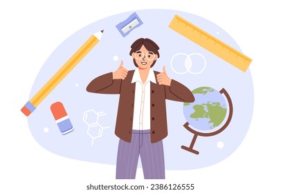 Boy with education concept. Kid or child with globe and pencil with eraser, ruler and sharpener. Learning and training. Schoolboy and student with stationery. Cartoon flat vector illustration