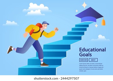 Boy and educational goals. Vector of a little boy climbing up stairs to reach his goal on the top. Starting His Way Up to Academic Cap as Symbol College Graduation. 