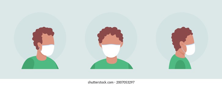 Boy with elastic mask semi flat color vector character avatar set. Portrait with respirator from front and side view. Isolated modern cartoon style illustration for graphic design and animation pack