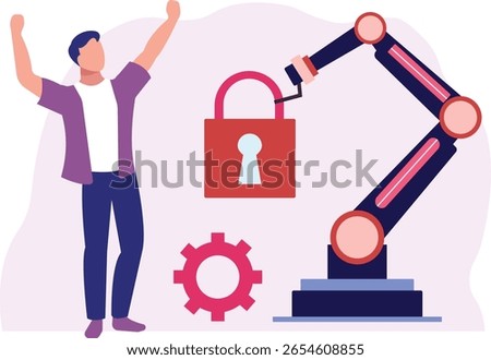 The boy is elated upon finding the lock, his face lighting up with joy as he realizes its significance, sparking curiosity and excitement about what mysteries it might hold.