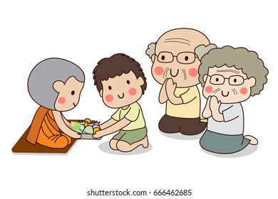 Boy and elderly couple sitting and offering food to Buddhist monk with white background.