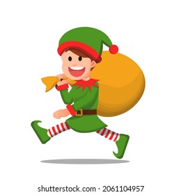 Boy with elf attribute carrying a large sack filled with gifts