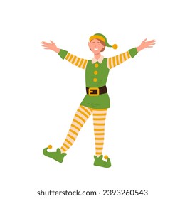 Boy elf cartoon character in traditional costume gesturing hands greeting with Merry Christmas