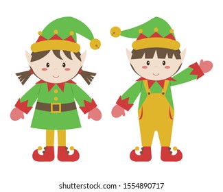 Boy elf and girl elf vector cartoon isolated on white background. Cute Christmas vector cartoon. 