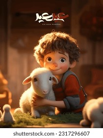 Boy embracing the sheep in jungle -  Arabic translation: Eid Adha Mubarak