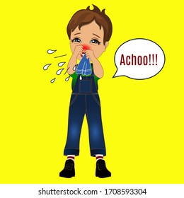 boy emoji says achoo, sneezes his snots or blows his nose using a handkerchief, facial expression vector illustration, hand drawn emoticon, funny cartoon character