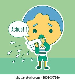 boy emoji says achoo, sneezes his snots or blows his nose using a handkerchief, facial expression vector illustration, chibi emoticon, funny cartoon character