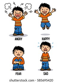 Boy emoticon showing different emotions. Happy, angry, sad and scared