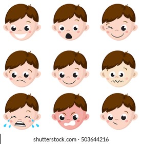 Boy Emotion Faces Cartoon. Isolated set of male avatar expressions. Vector Illustration