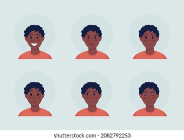 Boy with emotional expressions semi flat color vector character avatar set. Portrait from front view. Isolated modern cartoon style illustration for graphic design and animation pack