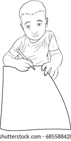 A boy with an emotional face writes on a blank sheet