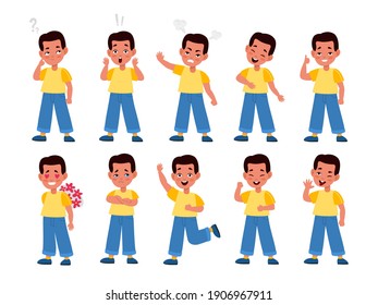 Boy with emotions. Cute child characters in different emotional poses, face expressions, teenage moods, positive and negative stages. Smile and sadness, bored and surprised vector flat cartoon isolated set