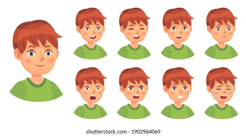 Boy emotions set, happy cry and angry. Illustration sad expression, smile character and kid fun, male surprise vector