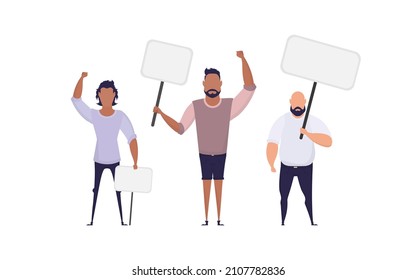 A boy with an empty banner in his hands. With space for your text. Rally or protest concept. Cartoon style, vector illustration.