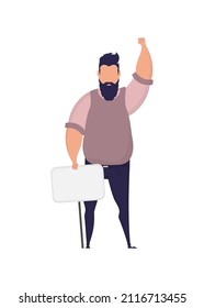 A boy with an empty banner in his hands. With space for your text. Rally or protest concept. Vector illustration.