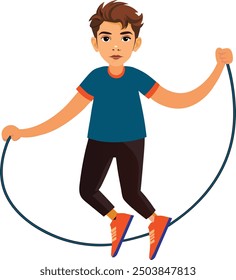 A boy energetically jumps rope, with a focused expression and dynamic motion, capturing the thrill of active play.
